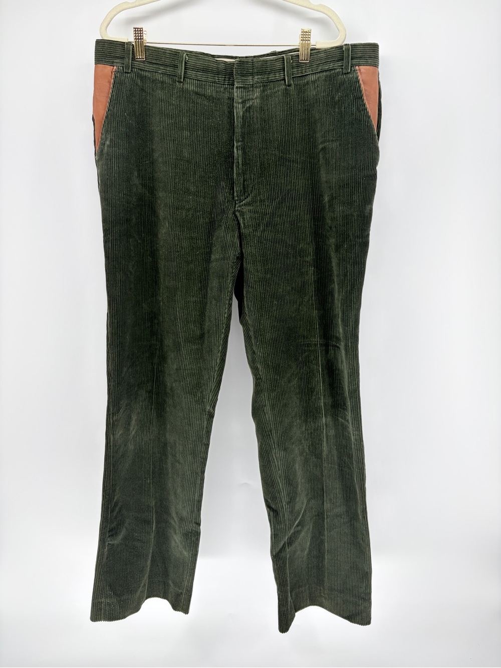Vintage Orvis Corduroy Pants Brisbane w/ Leather Pocket Accents Sz 38 Dark Moss